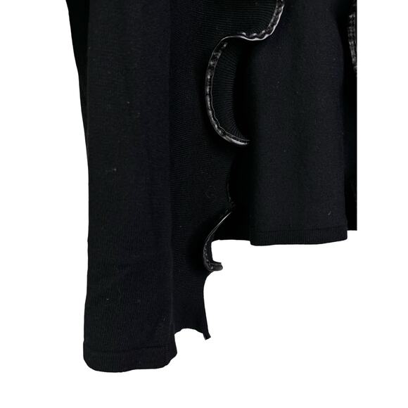 Neiman Marcus Cardigan Sweater Women L Black Open Ruffle Front Faux Leather Trim - Picture 4 of 8